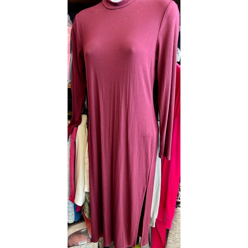 Halogen Burgundy Mock Neck Long Sleeve Midi Dress Side Slit XS